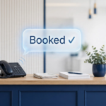 Dental clinic front desk with a ringing phone and a Booked chat bubble