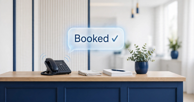 Dental clinic front desk with a ringing phone and a Booked chat bubble